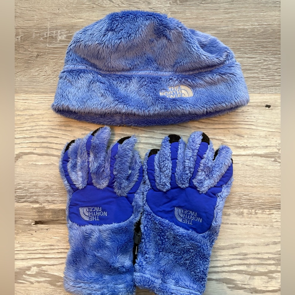 Purple north face kid hat and gloves
